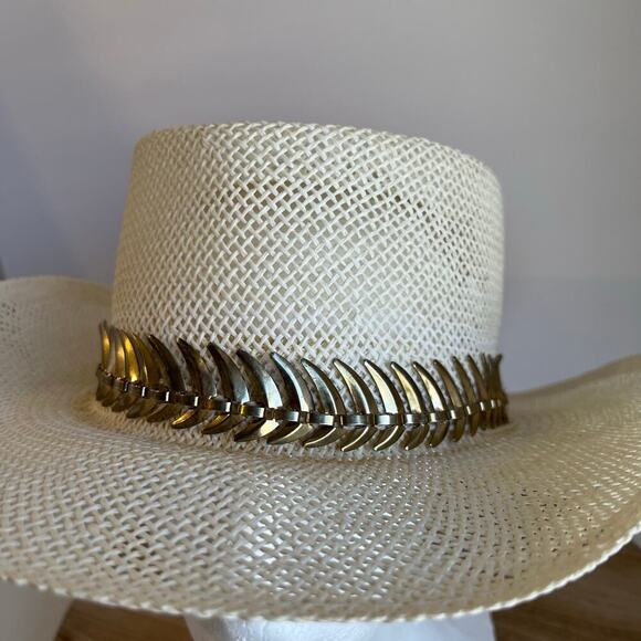 USA Vintage 90s Woven Sun Hat With Metal Golden Spiked Band Hat Size Small - Picture 3 of 14